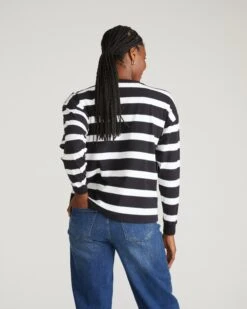 Relaxed Long Sleeve Striped Tee in Black/White with Aqua Edge -UNIVERSAL STANDARD USTO2030 933 Drop Shoulder Long Sleeve Tee In Geneva Jersey Black White Aqua Wide Stripe 003 019