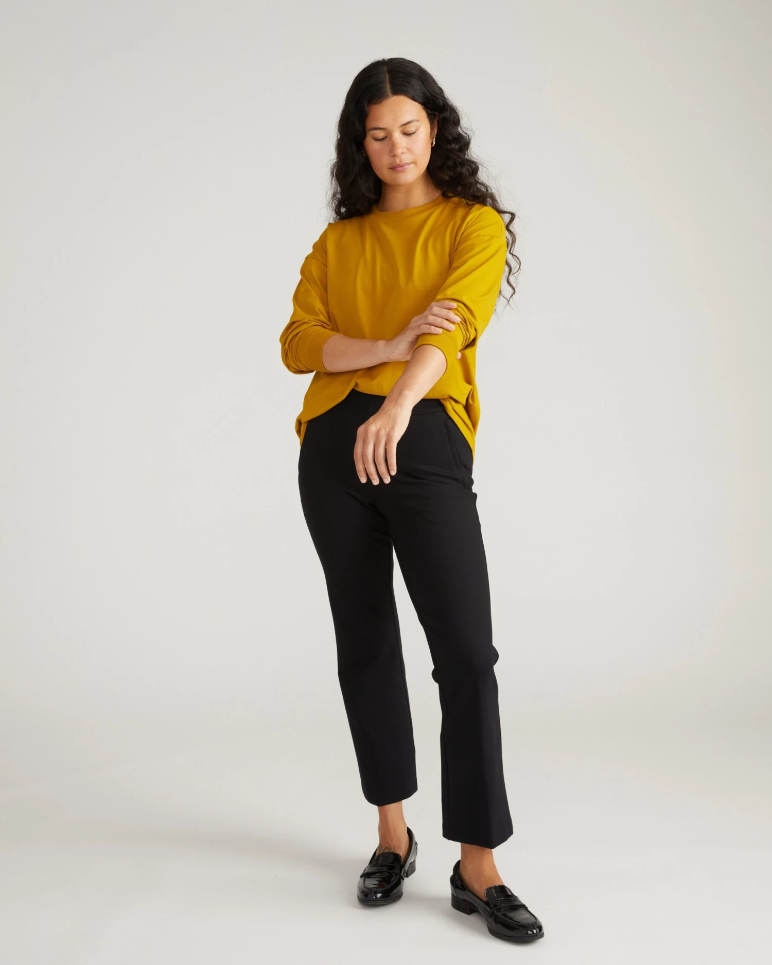 Premium Mustard Long Sleeve Relaxed Tee - Peruvian Cotton Blend - Image 2