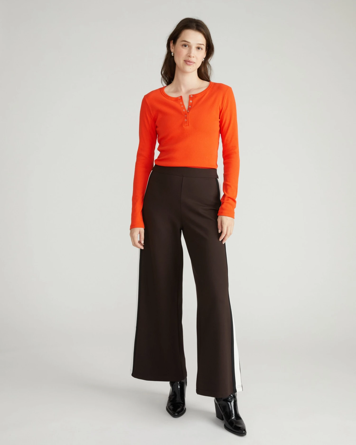 Ribbed Long Sleeve Henley Tee - Women's Fitted Poppy Red Top - Image 4