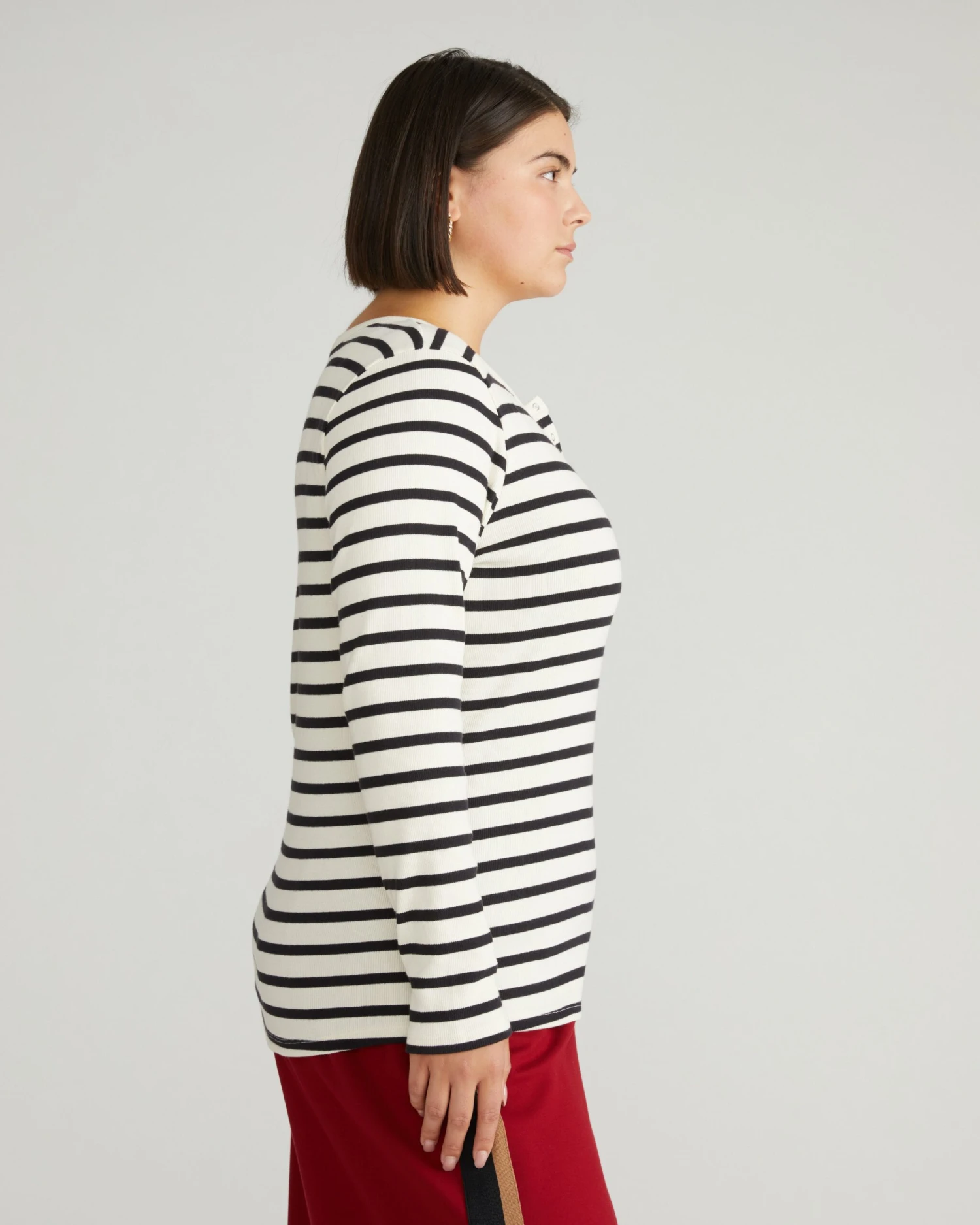 Striped Long Sleeve Henley Ribbed Tee - Ecru and Black 4 Striped Long Sleeve Henley Ribbed Tee - Ecru and Black - Image 2