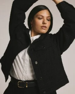 Women's Black Tweed Jacket - Cropped Stand Collar Blazer Outerwear