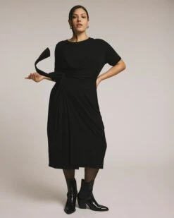 Black Liquid Jersey Wrap Dress for Work and Holiday Events
