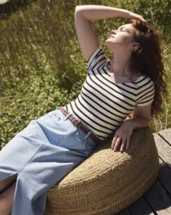 Stretch Denim Pencil Skirt - Clear Sky Mid-Rise Raw Hem