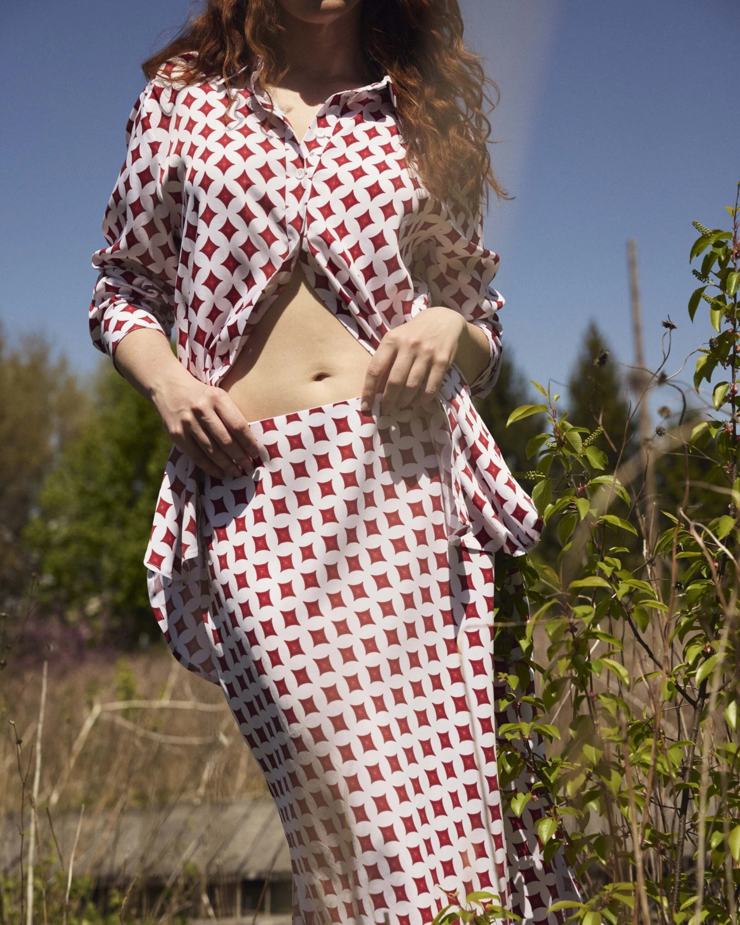 Cooling Stretch Cupro Bias Cut Midi Skirt - Morningstar Print Red 3 Cooling Stretch Cupro Bias Cut Midi Skirt - Morningstar Print Red