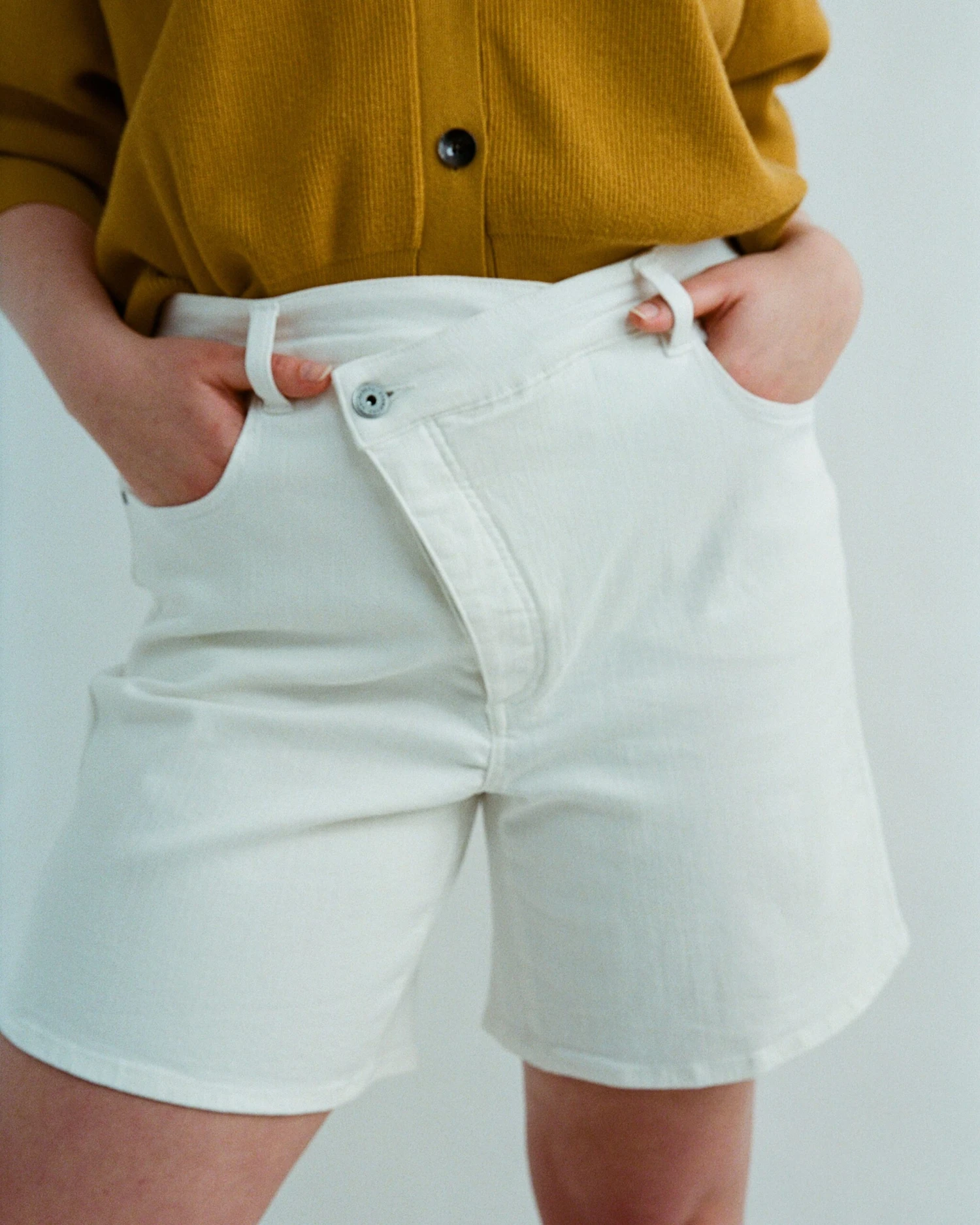 Katie High Rise Crossover Denim Shorts - White 3 Katie High Rise Crossover Denim Shorts - White