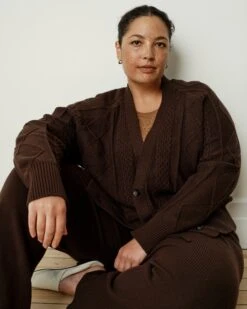 Espresso Brown Soft Cable Knit Cardigan - Ultra-Cozy Aran Knit -UNIVERSAL STANDARD US September Sweaters0590