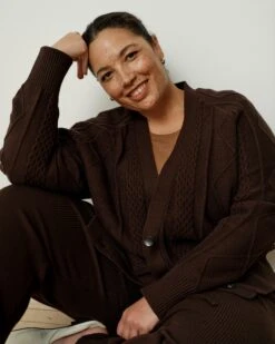 Espresso Brown Soft Cable Knit Cardigan - Ultra-Cozy Aran Knit