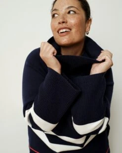 Oversized Striped Turtleneck Sweater - Soft Non-Scratchy Navy Knit