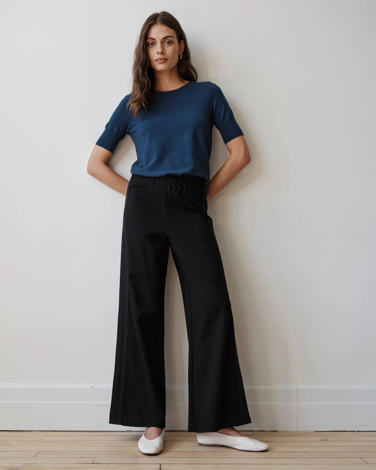 Stephanie Wide Leg Stripe Ponte Pants 30 Inch - Black With Black Stripe 4 Stephanie Wide Leg Stripe Ponte Pants 30 Inch - Black With Black Stripe - Image 2