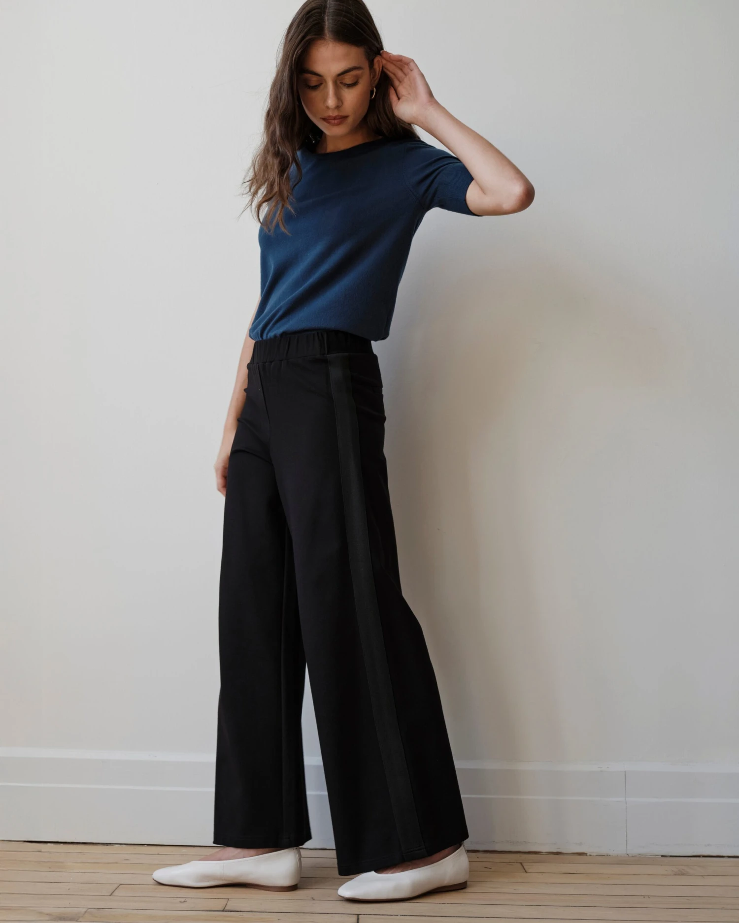 Stephanie Wide Leg Stripe Ponte Pants 30 Inch - Black With Black Stripe 3 Stephanie Wide Leg Stripe Ponte Pants 30 Inch - Black With Black Stripe