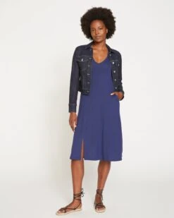 Vintage Indigo Selvedge Denim Jacket - Stretch Comfort Tailored Fit -UNIVERSAL STANDARD V NECK MIDI DRESS Blue Depth USDR1164 436 001 259