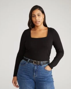 Agatha Square Neck Long Sleeve Liquid Jersey Top in Black -UNIVERSAL STANDARD Valentine Top in Liquid Jersey Black USTO1858 001 001 962