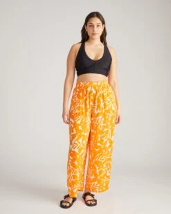 Floral Rayon Voile Wide Leg Summer Pants - Arancia Petal Palette