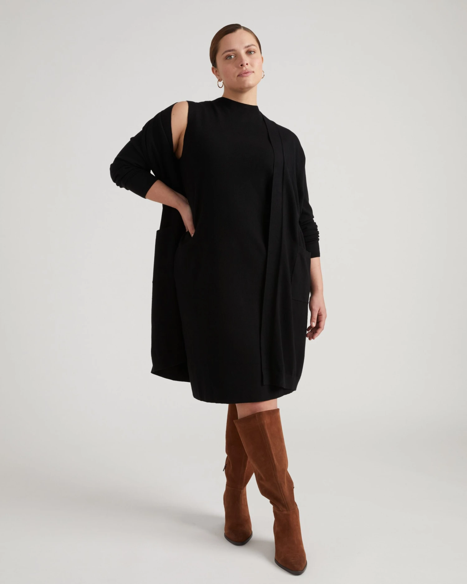 Savvy Black Double Knit Sweater Cardigan - Open Front Layering Piece 3 Savvy Black Double Knit Sweater Cardigan - Open Front Layering Piece