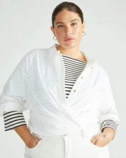 Breton Stripe Jersey Tee - Belle Ecru/Black 3/4 Sleeve Boat Neck