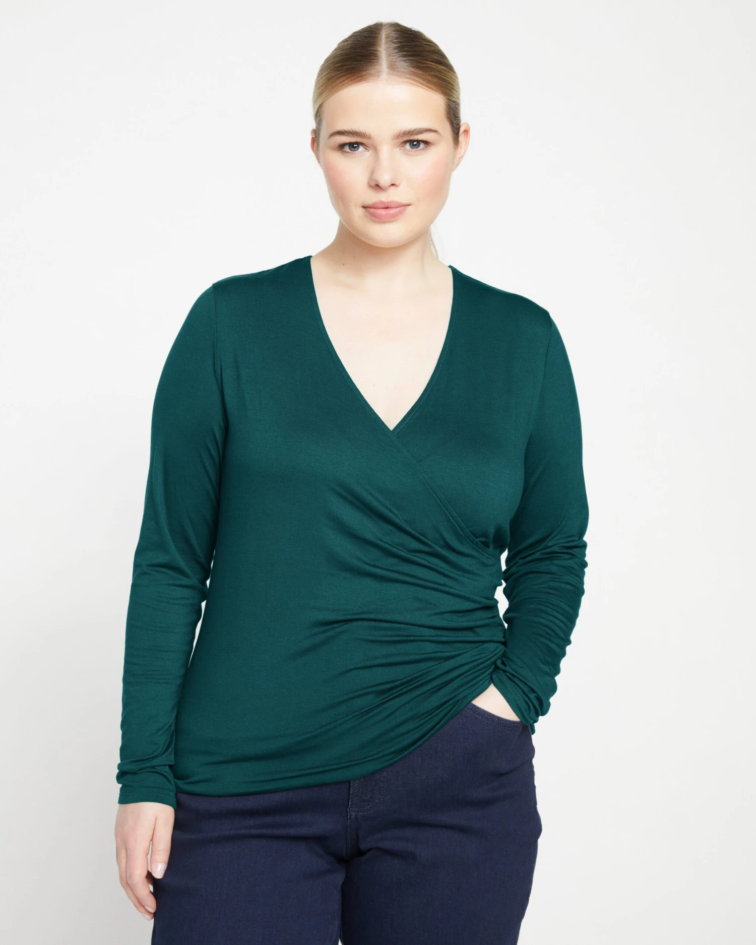 Liquid Jersey Two-Way Long Sleeve Cross Top in Forest Green - Image 2