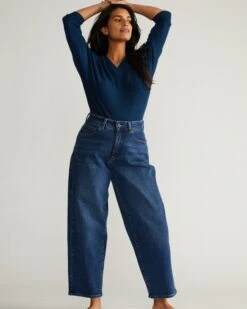 High Rise Barrel Leg Jeans - Union City Blue Tapered Denim