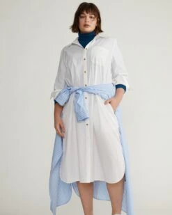 White Oversized Cotton Poplin Shirtdress - Elegant Stretch Midi