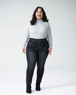 Petite High Rise Skinny Jeans in Distressed Black - High Stretch Denim -UNIVERSAL STANDARD seine jeans petite distressed black 4